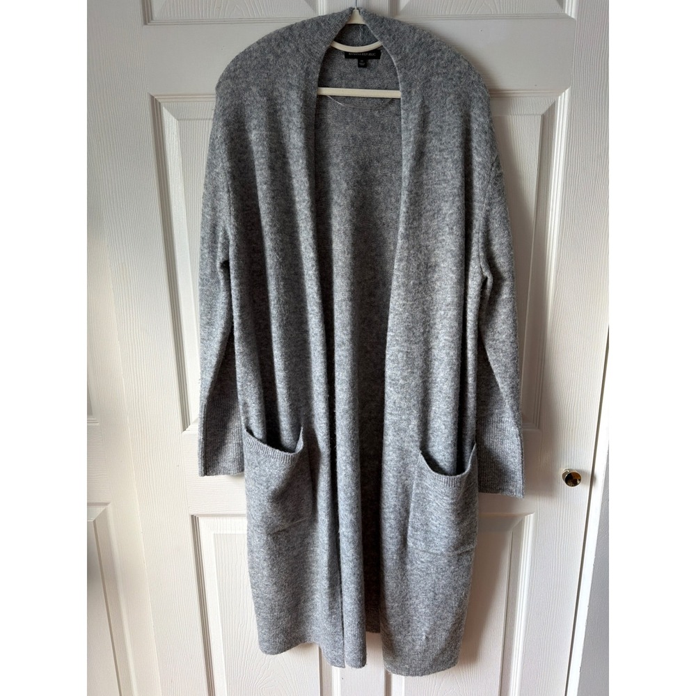 Banana Republic Fluffy Duster Cardigan Womens M Gray Wool Mohair Blend Longline